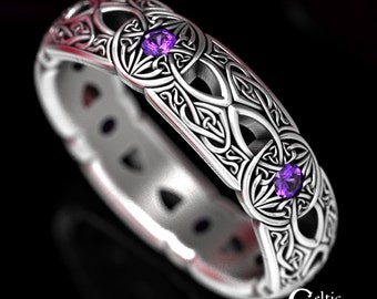 Sterling Heart Knotwork Ring, Amethyst Celtic Wedding Ring, Amethyst Band, Sterling Shield Ring, Irish Knotwork Ring, Heart Knot Ring, 1805