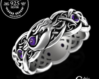Sterling Celtic Mermaid Wedding Band, Amethyst Womens Irish Mermaid Ring, Siren Ring, Silver Ocean Wedding Ring, Sea-Woman Selkie Ring, 3058