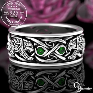 Anillo de oso nórdico de esmeralda, alianza de boda de oso de plata de ley, anillo de boda galés, anillo de oso vikingo tejido, anillo irlandés de esmeralda de plata, 3095