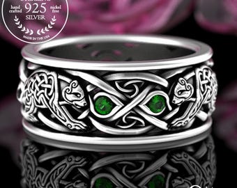 Emerald Nordic Bears Ring, Sterling Bear Soulmate Wedding Band, Welsh Wedding Ring, Woven Viking Bear Ring, Silver Emerald Irish Ring, 3095