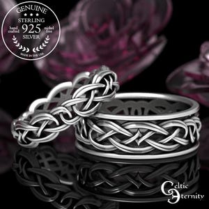 May include: Two sterling silver rings featuring intricate interwoven knotwork patterns. The text on the image reads: GENUINE STERLING 925 SILVER hand crafted nickel free MADE IN THE USA and Celtic eternity. The rings have a polished finish.