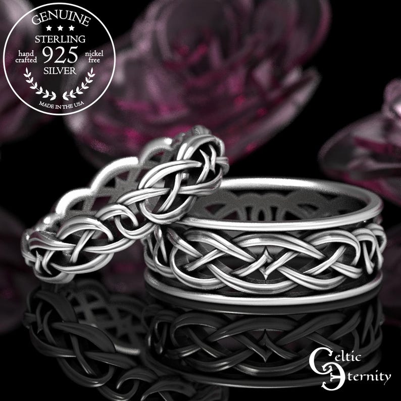 May include: Two sterling silver rings featuring intricate interwoven knotwork patterns. The text on the image reads: GENUINE STERLING 925 SILVER hand crafted nickel free MADE IN THE USA and Celtic eternity. The rings have a polished finish.