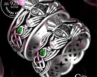 Emerald Nature Claddagh Rings, Sterling Bride Groom Tree Wedding Band Set, Silver Forest Marriage Ring, Matching Druid Handfasting,2041 2042
