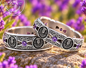Amethyst Thistle Wedding Ring Set, Matching Celtic Wedding Bands, His Hers Sterling Irish Wedding Rings, Silver Scottish Rings, 4408 4409