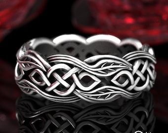 Sterling Celtic Leaf Ring, Silver Woven Tree Wedding Band, Irish Forest Knotwork Wedding Ring, Botanical Jewelry, Infinity Pattern Ring 1961