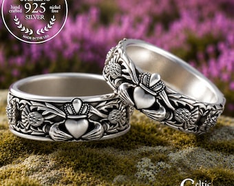 Bride & Groom Scottish Claddagh Wedding Set, Sterling Celtic Thistle Matching Marriage Rings, 925 Silver Irish Hand Fasting Bands, 3243 3281