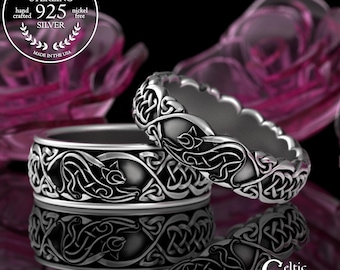 Sterling Matching Cats Wedding Rings, Bride Groom Celtic Kitty Cat Ring Set, Silver Irish His Hers Band Set, 3356 3358