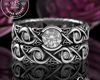 Infinity Knotwork Engagement & Wedding Band Set, Sterling Celtic Moissanite Bridal Set, Silver Irish Matching Wedding Set Woman, 1741 4043