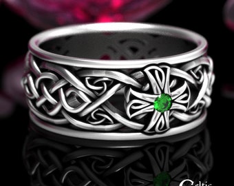 Sterling & Emerald Celtic Cross Ring, Irish Cross Wedding Band, Mens Emerald Cross Ring, Silver Irish Cross Ring, Emerald Cross Ring, 1929