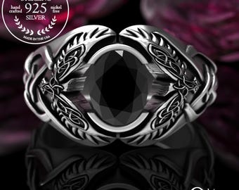 Mens Statement Ring, Sterling Black Spinel Viking Raven Ring, Odin Raven Ring, Men Viking Ring, Celtic Wedding Band, Silver Raven Ring, 1477