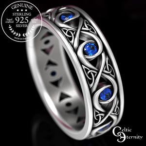 Celtic Knot Ring With Sapphires, Sterling Infinity Knot Ring, Trinity Knot Wedding Band, Celtic Sapphire Wedding Ring, Mens Celtic Ring 1410