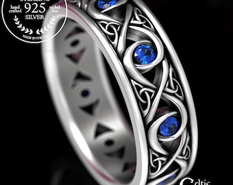 Celtic Knot Ring With Sapphires, Sterling Infinity Knot Ring, Trinity Knot Wedding Band, Celtic Sapphire Wedding Ring, Mens Celtic Ring 1410