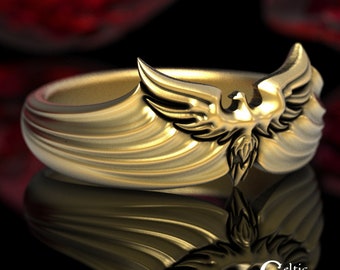 Solid Gold or Platinum Pheonix Ring, Viking Firebird Ring, Mens Sunbird Handfasting Band, Phoenix Rising Ring, Avian Ascension Ring, 1594