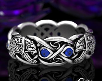 Sterling Silver Bear Ring, Sapphire Bear Ring, Celtic Bear Ring, Celtic Wedding Band, Celtic Animal Ring, Sterling Wedding Band, 1682