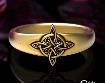 Gold or Platinum Celtic Knot Ring, Trinity Witch Knot Handfasting Ring, Gold Pagan Goddess Wedding Band, Gaelic Earth Sorceress Ring, 1920