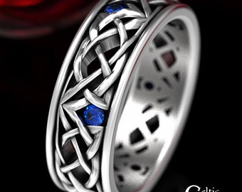 Sterling Silver Celtic Wedding Band, Silver & Sapphire Wedding Ring, Mens Wedding Band, Men's Celtic Ring, Celtic Wedding Ring, 1506