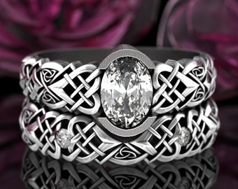 Stacked Bridal Ring Set, Sterling Moissanite Matching Engagement Rings, Silver Celtic Wedding Ring Set, Irish Heart Engagement, 3018 3017
