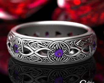 Amethyst Wedding Band, Sterling Celtic Wedding Band, Men Silver Irish Ring, Irish Sterling Wedding Band, Celtic Wedding Band for Men, 1806