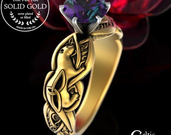 Gold River Otter Solitaire Engagement Ring, Alexandrite Otterkin Ring, Celtic Water Weasel Proposal Ring, 10K 14K 18K Welsh Engagement, 3060