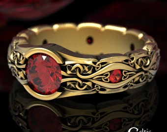 Ruby & Gold Mushroom Ring, Gold Celtic Engagement Ring, Nature Inspired Ring, Botanical Wedding Band, Gold Celtic Wedding Ring, 1536