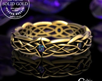 Gaelic 10K Alexandrite Ring, Gold Celtic Alexandrite Ring, Alexandrite Irish Handfasting Ring, Timeless Pagan Alexandrite Wedding Ring, 1416