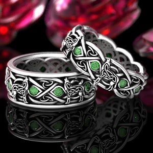 Sterling Silver Wolf Ring, Men's Celtic Wedding Band, Emerald Wolf Ring, Celtic Wedding Ring, Celtic Emerald Ring, Wide Mens Ring, 1269 image 4