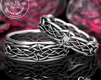 Sterling Timeless Celtic Wedding Set, Moissanite Scottish Wedding Rings, Sacred Knotwork Wedding Ring Set, Irish Handfasting Rings, 1416 111