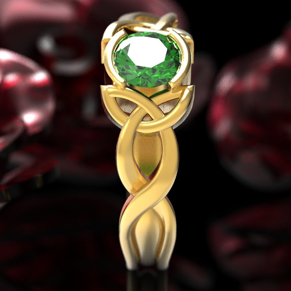 Celtic Emerald Engagement Ring, Celtic Gold Knot Ring, Trinity Knot