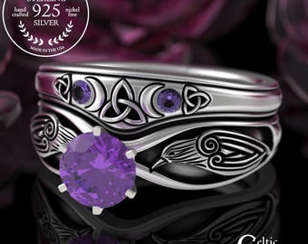 Sterling Raven Magic Bridal Set, Esoteric Amethyst Engagement Set, Silver Moon Goddess Fitted Wedding Rings, Stacker Solitaire, 3163 3336