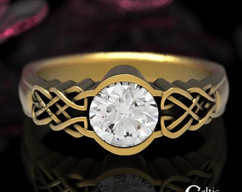Celtic Gold Moissanite Engagement Ring, Moissanite Solitaire Ring, Celtic Platinum Wedding Ring, Celtic Engagement Ring, Gold Solitaire 1032