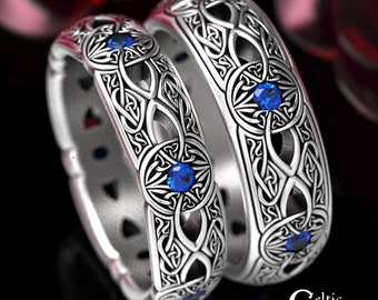 Irish Matching Wedding Rings, Sterling Celtic Sapphire Ring Set, Silver Celtic Wedding Band Set, Sapphire Matching Rings, 1806 1805