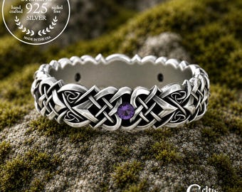 Celtic Heart Ring with Amethyst, Sterling Heart Wedding Ring, Amethyst Ring Sterling Silver, Amethyst Celtic Ring, Celtic Wedding Ring, 4014