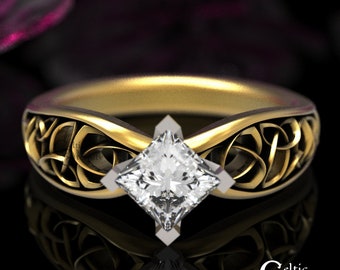 Celtic Trinity Gold Princess Cut Moissanite Engagement Ring, 1 Carat Solitaire Square Moissanite Engagement Ring, Irish Gold Solitaire, 1427