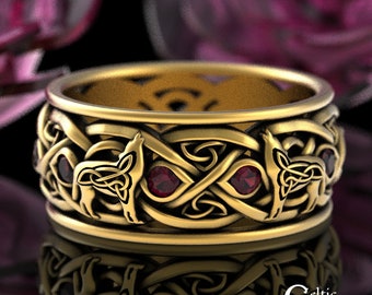 Howling Wolf Ring, Gold & Ruby Wolf Wedding Band, Mens Gold Wolf Wedding Band, 10K Ruby Wedding Ring, 14K Gold Ruby Celtic Wolf Ring, 1269