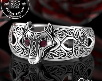 Ruby Celtic Wolf Ring, Ruby Wolf Ring, Sterling Wolf Ring, Wolf Wedding Ring, Ruby Viking Ring, Viking Wolf Ring, Mens Wolf Ring, 1744