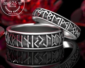Sterling Silver Rune Rings, Custom Phrase Rune Ring Set, Futhark Script Wedding Rings, Odins Letters Bespoke Handfasting Bands, 1204 1788