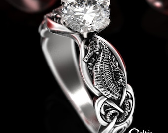 Seahorse Engagement Ring, Sterling Moissanite Celtic Engagement Ring, Silver Sea Horse Ring, Celtic Sea Horse Ring, Moissanite Ring, 1869