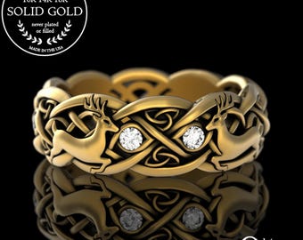 10K Gold & Moissanite Deer Ring, 14K Womens Celtic Wedding Band, 10K Irish Stag Ring, Bambi Ring, Gold Buck Ring, Scottish Deer Ring, 3128