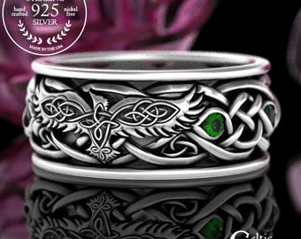 Emerald Odin's Raven Ring, Sterling Viking Wedding Band for Men, Silver Groom Norse Bird Ring, Sapphire Crow Celtic Marriage Ring, 4729