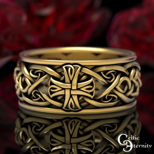 Gold Celtic Cross Ring, Mens 14K Cross Ring, 10K Cross Wedding Ring, Gold Irish Wedding Band, Mens Irish Ring, Gold Cross Wedding Ring, 1856