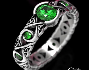 Celtic Engagement Ring with Emeralds, Sterling Emerald Wedding Ring, Celtic Knot Wedding Ring, Unique Engagement, Irish Emerald Ring 1741