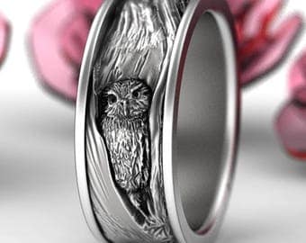 Sterling Silver Owl Wedding Ring, Owl Wedding Band, Tree Bark Wedding Rings, Nature Inspired Wedding Ring, Owl In Tree Wedding Ring 1794