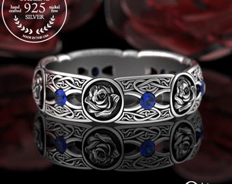 Silver Sapphire Rose Flower Ring, Sterling Botanical Irish Wedding Ring, Womens Rose Celtic Ring, Sapphire Flower Heart Wedding Band, 3046