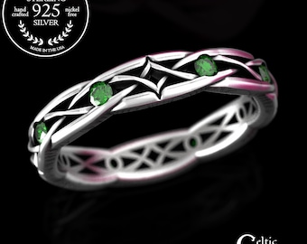 Woman's Sterling & Emerald Irish Wedding Band, Silver Diamond-Knot Woven Marriage Ring, Thin Celtic Emerald Ring, Vow Renewal, 2087