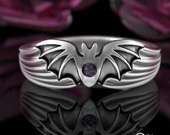 Alexandrite Flying Bat Ring, Sterling Silver Halloween Ring, Vampire Wings Creature Ring, Mens Goth Ring, 925 Gothic Statement Ring, 3141