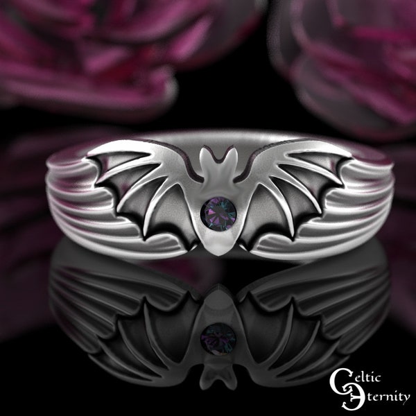 Alexandrite Flying Bat Ring, Sterling Silver Halloween Ring, Vampire Wings Creature Ring, Mens Goth Ring, 925 Gothic Statement Ring, 3141