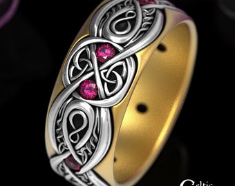 Celtic 2Tone Wedding Ring, Gold & Sterling Silver Mens Wedding Band, 2tone Ruby Infinity Ring, Celtic Infinity Ring, 2tone Gold Ring, 1758