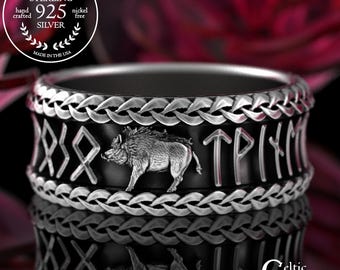 Sterling Viking Battle Boar Ring, Groom's Elder Futhark Rune Wedding Band, Silver Bristleback War Hog Ring, Norse Razorback Tusk Ring, 3296