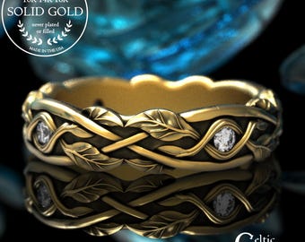 Brides Gold Nature Wedding Ring, 14K Irish Leaves Marriage Ring, 10K Moissanite Woven Branches Ring, 18K Botanical Tree Twigs Ring, 2052