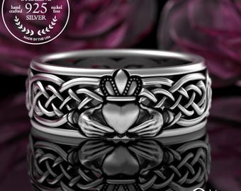 Mens Wide Claddagh Wedding Band, Sterling Irish Groom Heart Ring, Silver Scottish Wedding Ring, Woven Knotwork & Crown Hands Chladaigh, 3224